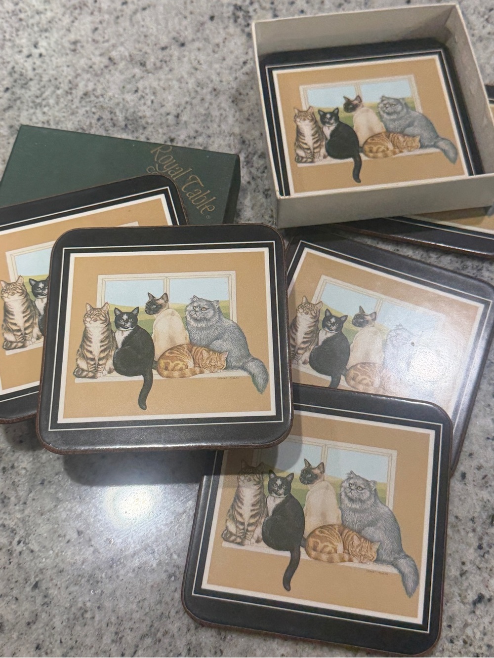 Vintage Royal Table Sitting Pretty Cat Coasters Set of 6 with Original Box